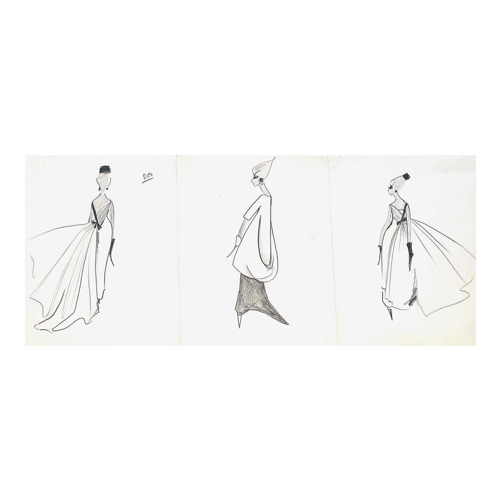 1960s Set of 3- Mid-Century Haute Couture Fashion Evening Gown Drawings by  Michel Goma, Matted | Chairish
