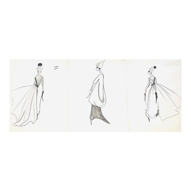 1960s Set of 3- Mid-Century Haute Couture Fashion Evening Gown Drawings by Michel Goma, Matted For Sale