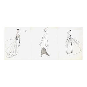 1960s Set of 3- Mid-Century Haute Couture Fashion Evening Gown Drawings by Michel Goma, Matted