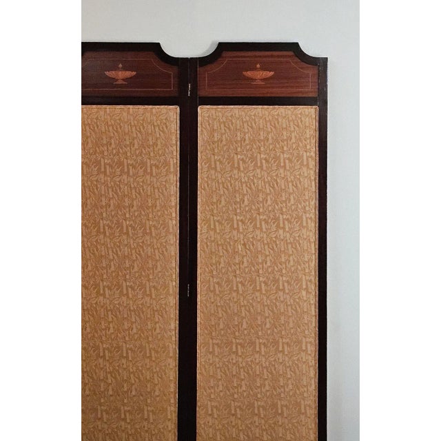 A Neoclassical Edwardian English dressing screen. Each side panel measures 19.5" w, and the middle panel measures 19.75" w.