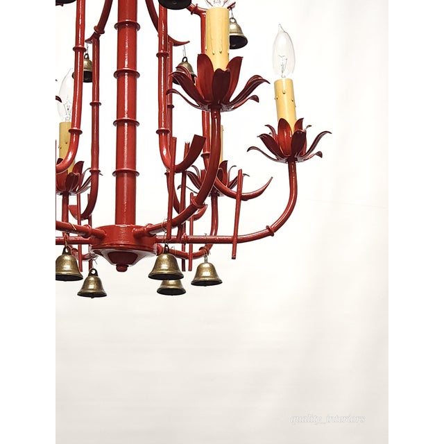 Fabulous Italian Tole Vintage Red Faux Bamboo Pagoda With Brass Bells Chandelier ~ Rewired ~ Restored ~ Rejuvenated For Sale - Image 11 of 12