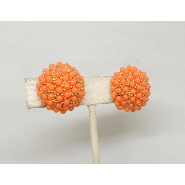 Mid-Century Modern Vintage 1960s Signed Hobe Round Goldtone Faux-Coral Cabochon Clip Earrings - 2 Pieces For Sale - Image 3 of 7