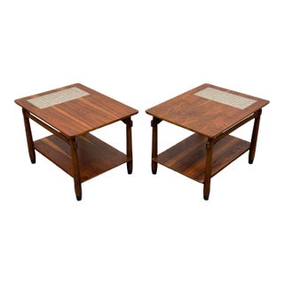 Pair of 1960s Mid Century Lane "Monte Carlo" Side or End Tables - Walnut + Mosaic Tile For Sale