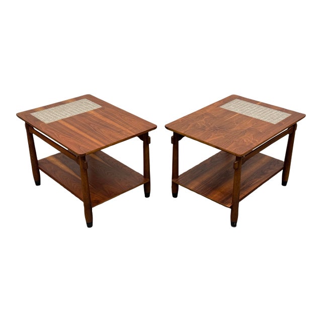 Pair of 1960s Mid Century Lane "Monte Carlo" Side or End Tables - Walnut + Mosaic Tile For Sale