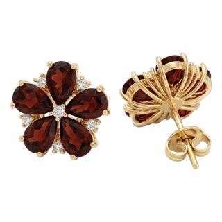 Garnet Flower Stud Earrings • Pear Cut Red Gemstone Earrings - A Pair For Sale