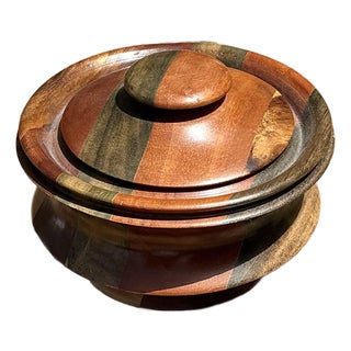 Vintage Inlay Wood Round Lidded Box For Sale
