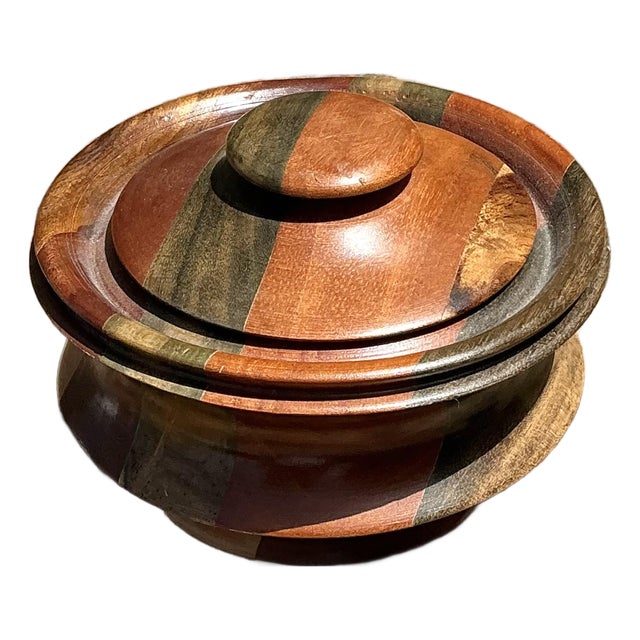 Vintage Inlay Wood Round Lidded Box For Sale