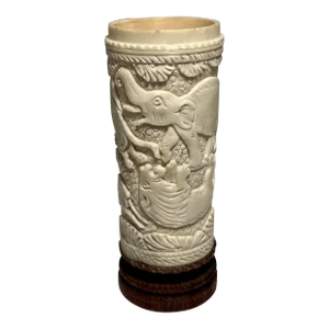 Vintage Indian Bone Hand Carved Jungle Motif Wooden Base Figurine