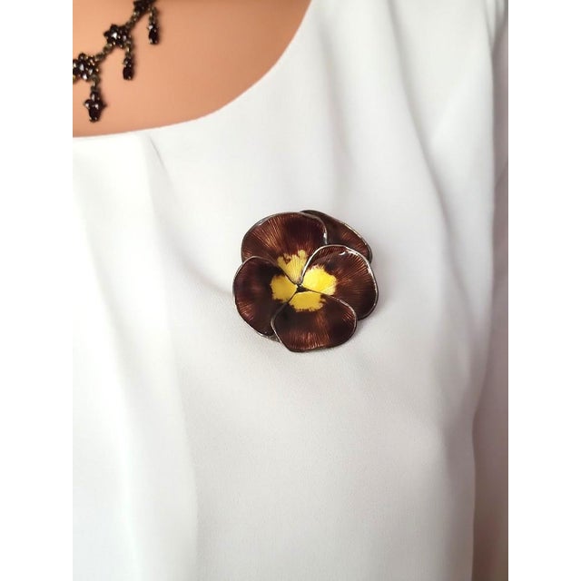 Brown Vintage Finn Jensen Sterling Silver Enamel Pansy Brooch, Norway 1950 For Sale - Image 8 of 10