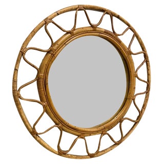 Mid-Century Italian Round Mirror with Double Bamboo Weaved Wicker Frame, 1960s For Sale