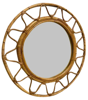 Mid-Century Italian Round Mirror with Double Bamboo Weaved Wicker Frame, 1960s