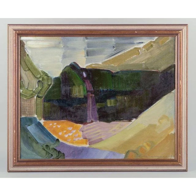 Orla Lehmann, a listed Swedish artist. Oil on canvas. Abstract landscape. Polychrome palette. Signed and dated ‘68 (1968)....