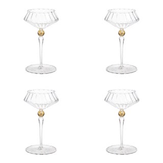 Ondine 4-Piece Set Fluted Coupe Glasses, Clear with Light Amber Accent For Sale