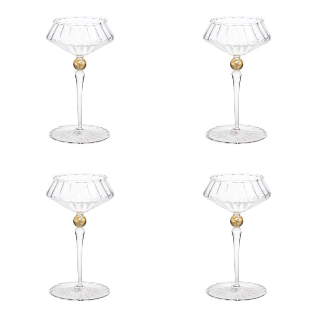 Ondine 4-Piece Set Fluted Coupe Glasses, Clear with Light Amber Accent For Sale