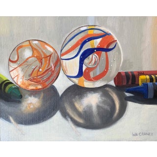 Light Diversions 2 by Wendy Carney | Oil on linen panel Still life of marbles and crayons For Sale