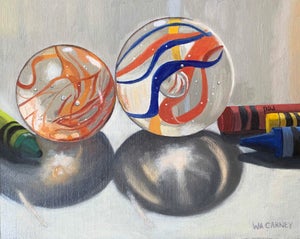 Light Diversions 2 by Wendy Carney | Oil on linen panel Still life of marbles and crayons