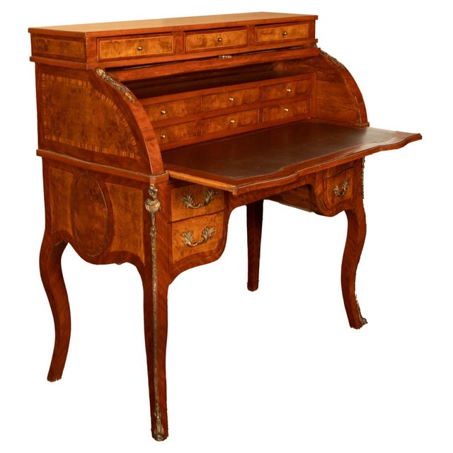 Antique French Louis XV Cylinder Marquetry & Ormolu Bureau Writing Desk 1880 For Sale - Image 10 of 17
