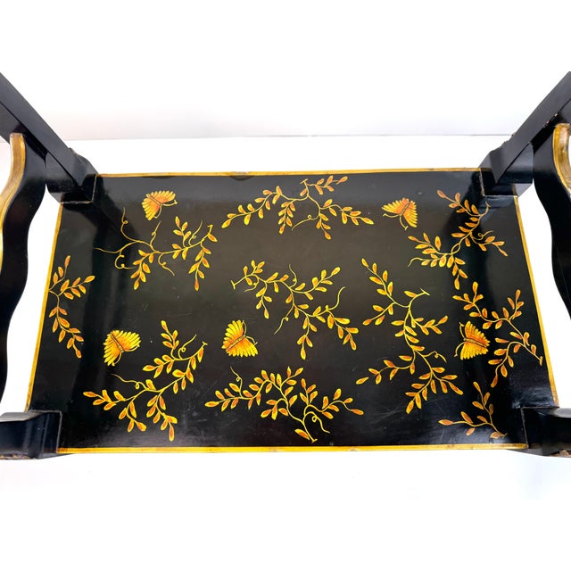 Vintage Chinoiserie Black Lacquer Accent Bench With Gilt Hand-Painted Motifs For Sale In Little Rock - Image 6 of 15