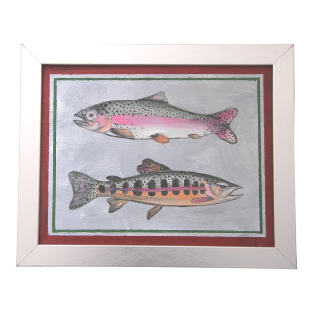 Fish Trout Americana Sport Folk Art Pink Gray Yellow Green Original Oil Painting by Cleo Plowden For Sale