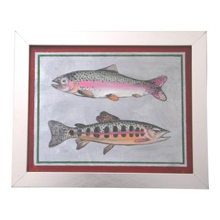 Fish Trout Americana Sport Folk Art Pink Gray Yellow Green Original Oil Painting Cleo Plowden For Sale