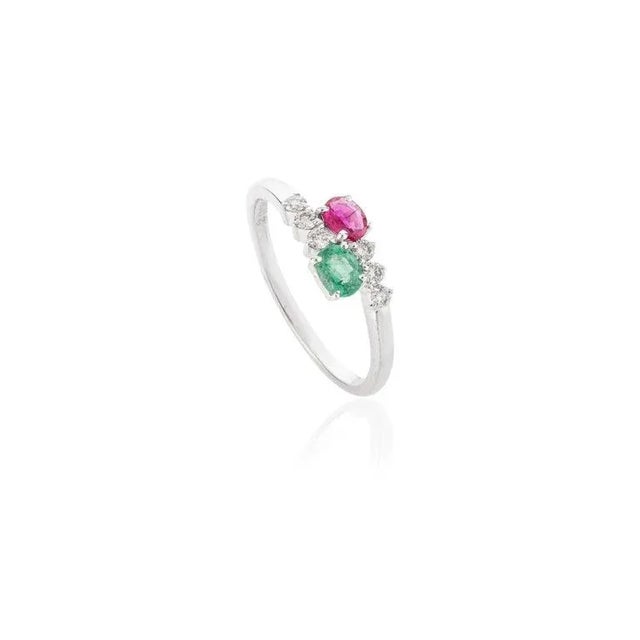 Art Deco Modern Ruby Emerald Toi Et Moi 14k White Gold With Diamond Size 7 For Sale - Image 3 of 15