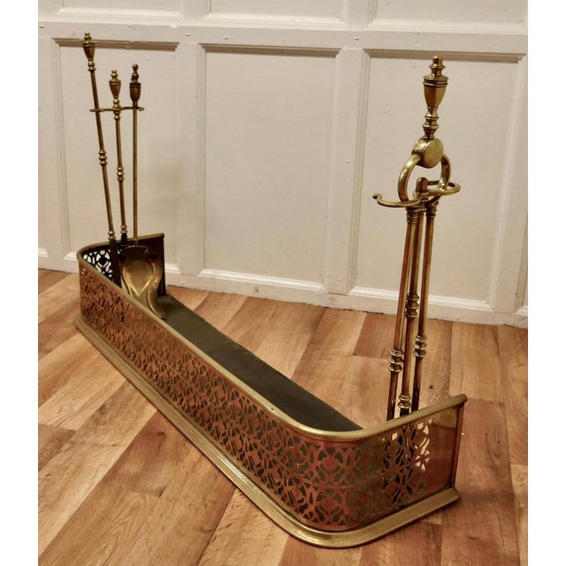 Victorian Pierced Brass Fender with Fire Irons For Sale - Image 3 of 9
