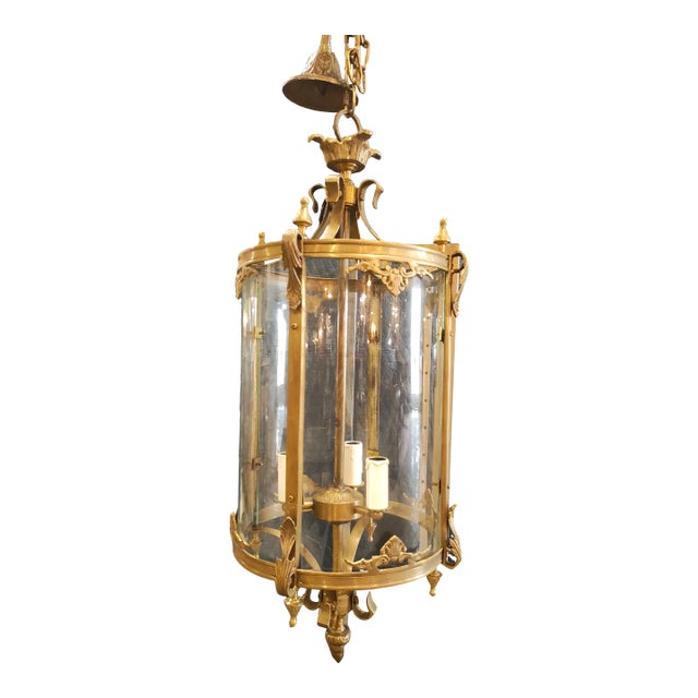 Late 20th Century French Louis XV Style Brass & Curved Glass Hall Lantern Chandelier For Sale
