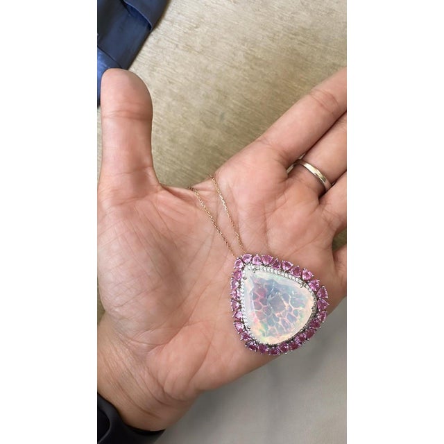29.59 Carat Ethiopian Opal, Pink Sapphire & Diamond Cocktail Ring/ Pendant Necklace, Size 6 For Sale - Image 6 of 16