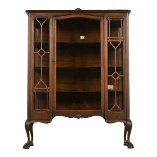 Berkey & Gay Style Antique Chippendale Carved Mahogany Bookcase Cabinet, Circa 1920s For Sale