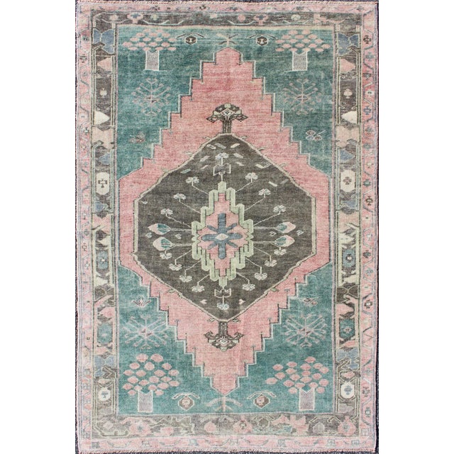 Textile Teal, Brown & Salmon-Colored Vintage Turkish Oushak Rug With Geometric Medallion For Sale - Image 7 of 7
