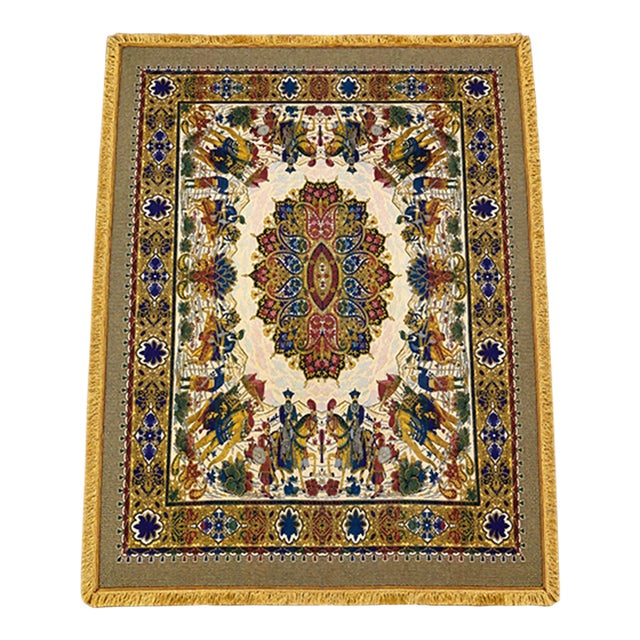 Persian-Style Pictorial Woven Tapestry With Royal Court Scene & Gold Fringe For Sale