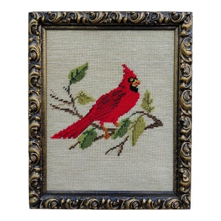 1960s Red Cardinal Bird Framed Needlepoint For Sale