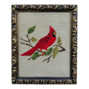 1960s Red Cardinal Bird Framed Needlepoint