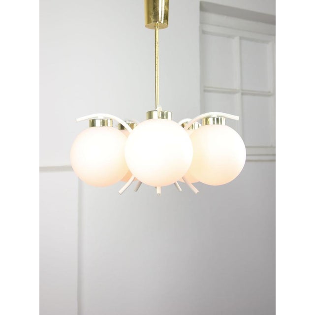 Metal Mid-Century Modern Italian Brass and Opaline Chandelier For Sale - Image 7 of 18