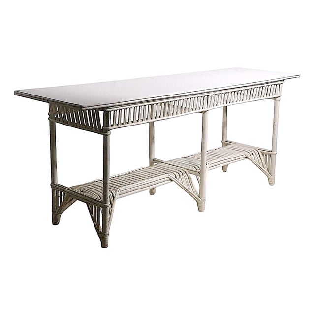 Early 20th Century Large Stick Wicker Console Table in White Paint Finish For Sale