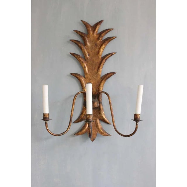 Metal Large 1950s Spanish Gilt Metal Foliate Three-Arm Wall Sconce For Sale - Image 7 of 11