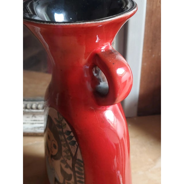 Vintage French Red Glazed Studio Pottery Vase with Female Portrait by Jean de Lespinasse, 1950s For Sale - Image 4 of 10