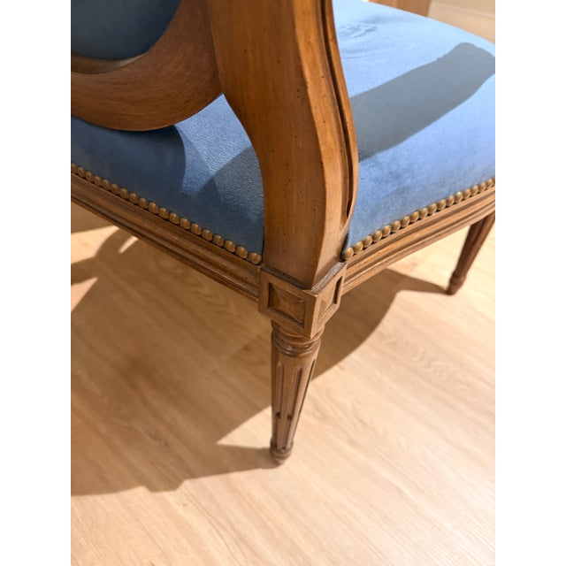 Pair of Ultra Suede Blue Louis Style Armchairs For Sale - Image 4 of 9