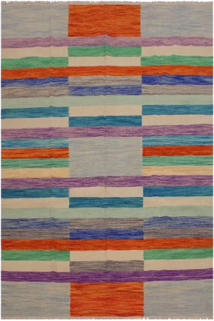 Contemporary Kilim Grey/Purple Hand-Woven Wool Rug- 6'9 X 10'0
