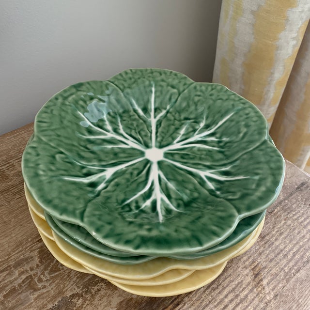 Bordallo Pinheiro Yellow and Green Ceramic Cabbage Plates Set of 6