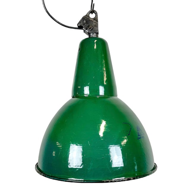 Industrial Green Enamel Factory Lamp with Cast Iron Top, 1960s For Sale