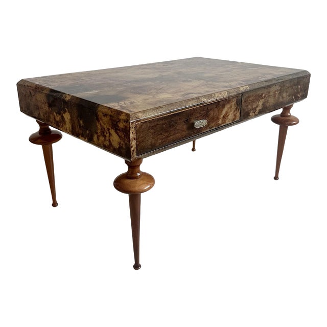 1970s Aldo Tura Parchment Cocktail Table Wood Turned Giacometti Style Legs For Sale