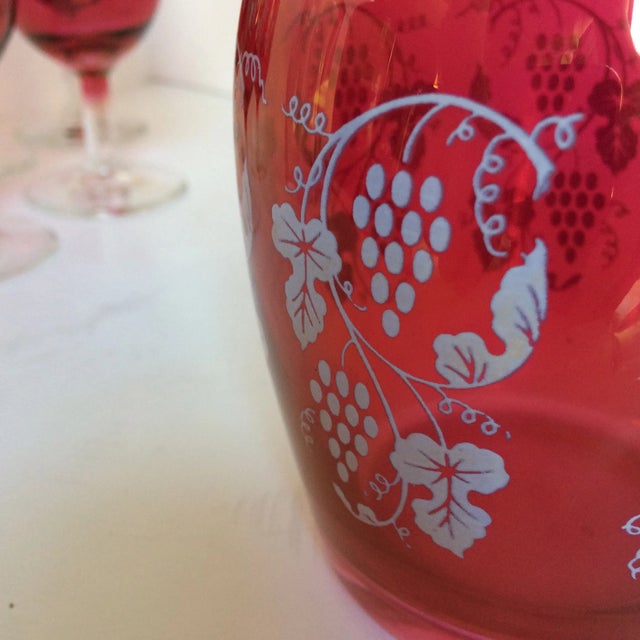 Glass Vintage Opalescent Cranberry Red Port Decanter and 6 Glasses -Set of 7 For Sale - Image 7 of 11