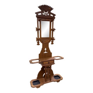 Antique s.f Co 1800’s Walnut, Burl Wood, Marble, Cast Iron Hall Tree For Sale