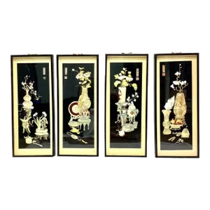 Vintage Chinese Shadowboxes With 3d Abalone Shell Art, Set of Four