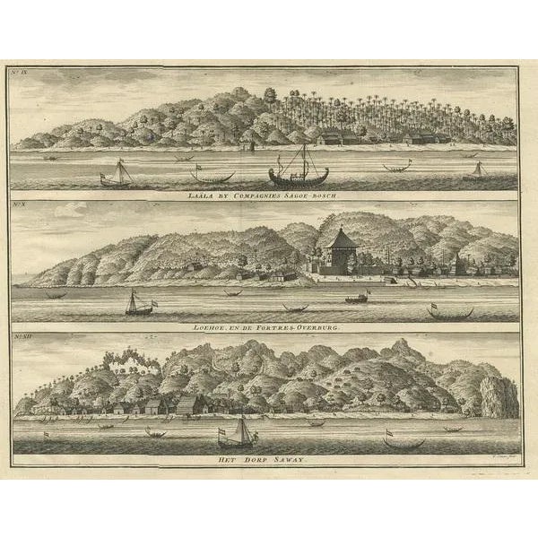 Antique print titled 'Laala by Companies Sagoe-Bosch, Loehoe and the Fortress Overburg, the village of Saway'. This print...