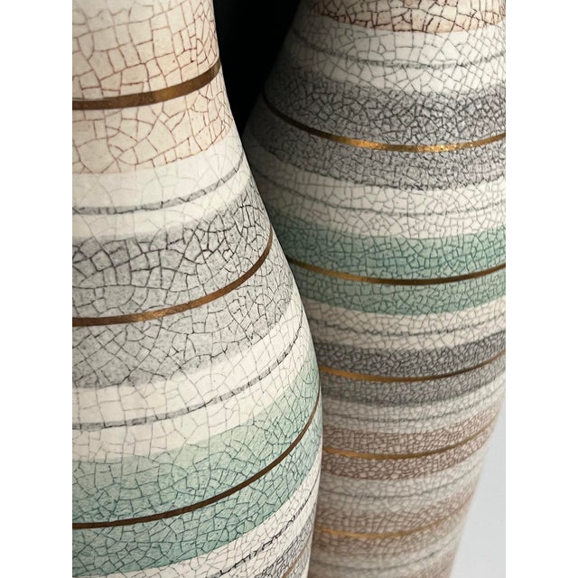 1960s Tall Pair 1960s Bottle-Form Striped Ceramic Lamps With Crackle Glaze Finish For Sale - Image 5 of 10