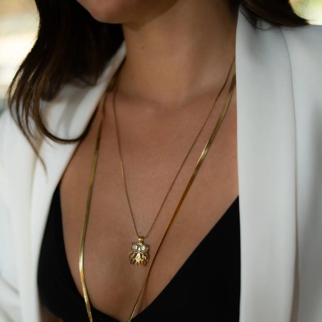 Wisdom Owl Diamond Eyes Gold Necklace For Sale - Image 10 of 11