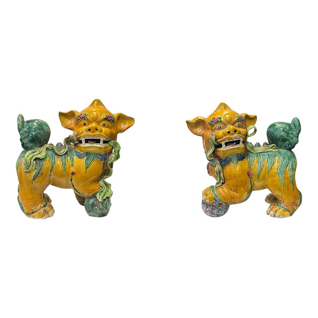 Pair Vintage Chinese Yellow Green Ceramic Fengshui Foo Dog Lion Figures For Sale