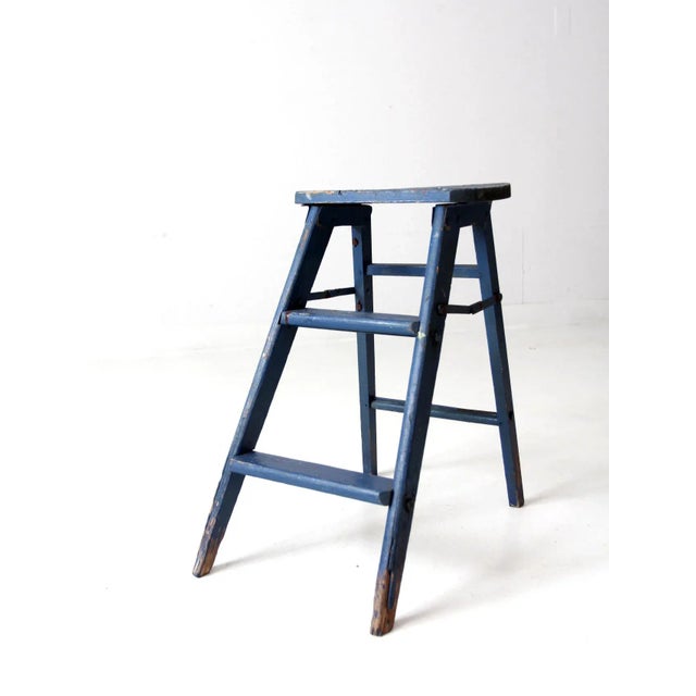 Vintage Wooden Blue Step Stool For Sale - Image 4 of 10